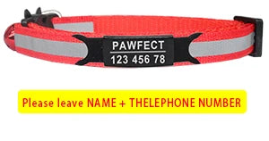 Pets-Shop. A red reflective pet collar with a custom tag showing the name 'PAWFECT' and a placeholder for a phone number. Shopets-Amazon.