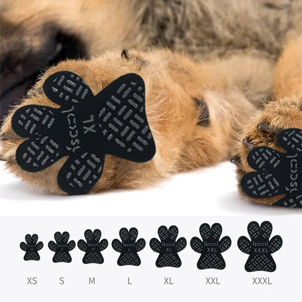 Pets-Shop. Dog's paw wearing a black anti-slip paw protector, next to size chart from XS to XXXL. Shopets-Amazon.