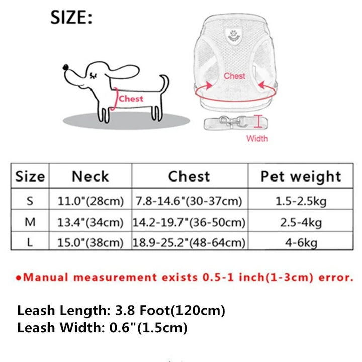 Pets-Shop. Sizing chart for pet harness with dog illustration and dimensions, leash length info. Shopets-Amazon.