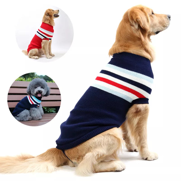 Pets-Shop. Two dogs wearing striped sweaters, with a Golden Retriever side view and a Poodle's front view insets. Shopets-Amazon.