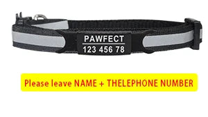 Pets-Shop. Black customizable dog collar with reflective strips, text "PAWFECT" and a space for a name and phone number. Shopets-Amazon.