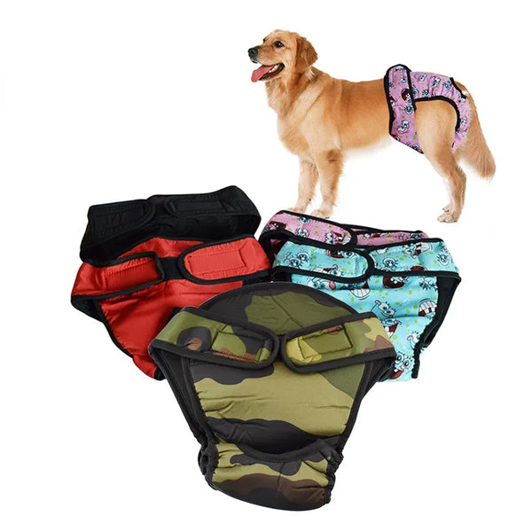 Pets-Shop. A smiling dog wearing a diaper alongside a collection of colorful dog diapers on a white background. Shopets-Amazon.