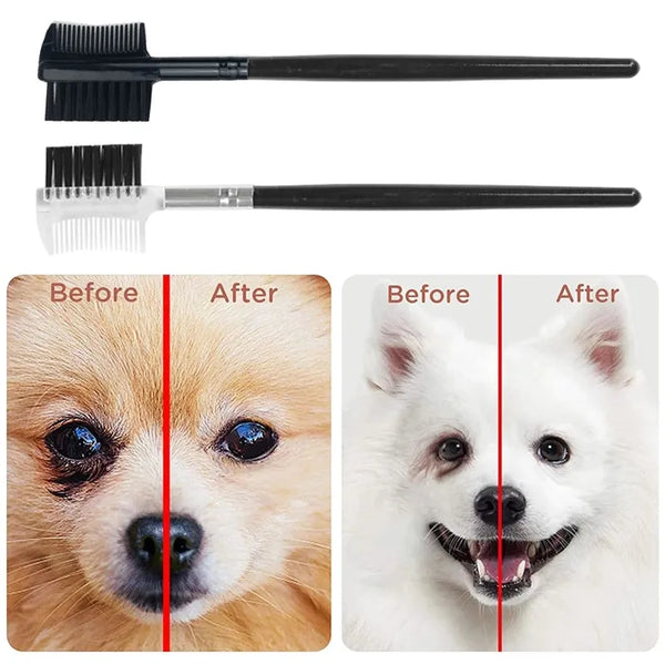 Pets-Shop. Before and after split images of a dog, showing effectiveness of a pet toothbrush. Top shows the toothbrush. Shopets-Amazon.