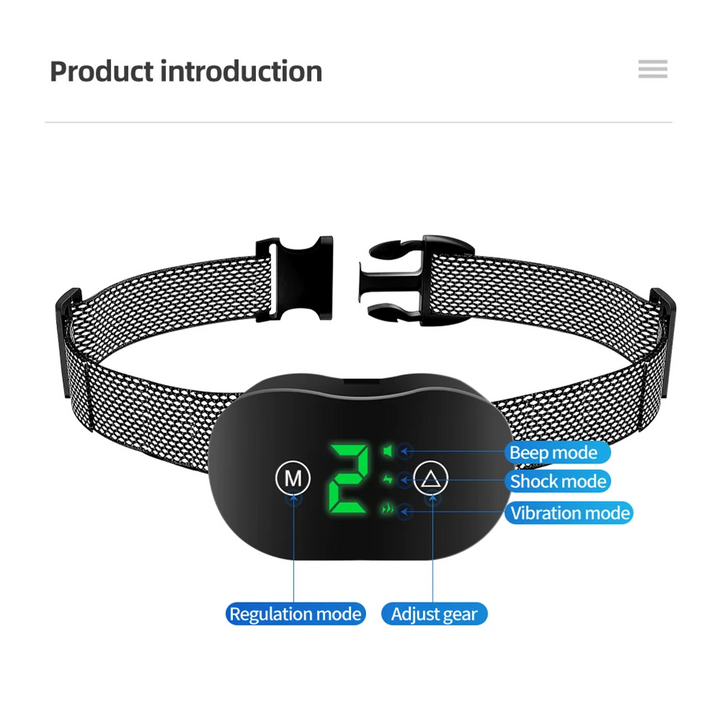 Pets-Shop. Anti-bark collar with digital display showing modes and settings on a white background. Shopets-Amazon.