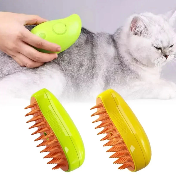 Pets-Shop. Hand holding a green pet brush on a gray cat, with two other brushes, green and yellow, displayed in front. Shopets-Amazon.