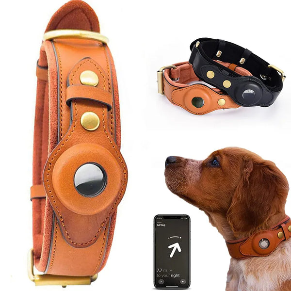 SHOPETS Leather Dog Collar with Airtag Holder for Apple Airtag