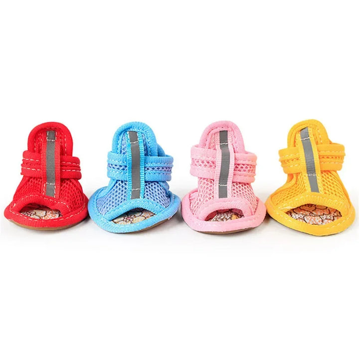 Pets-Shop. Four colorful pet shoes in red, blue, pink, and yellow, displayed in a row against a white background. Shopets-Amazon.