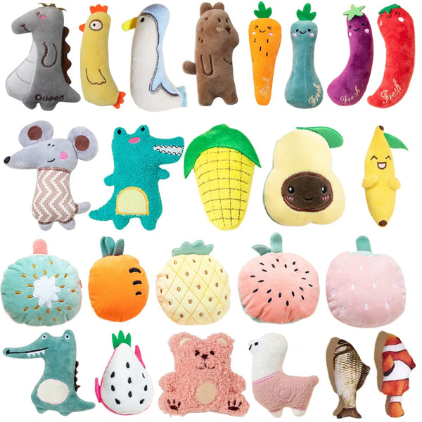 Pets-Shop: Assortment of colorful plush pet toys in various animal and fruit shapes. Shopets-Amazon.