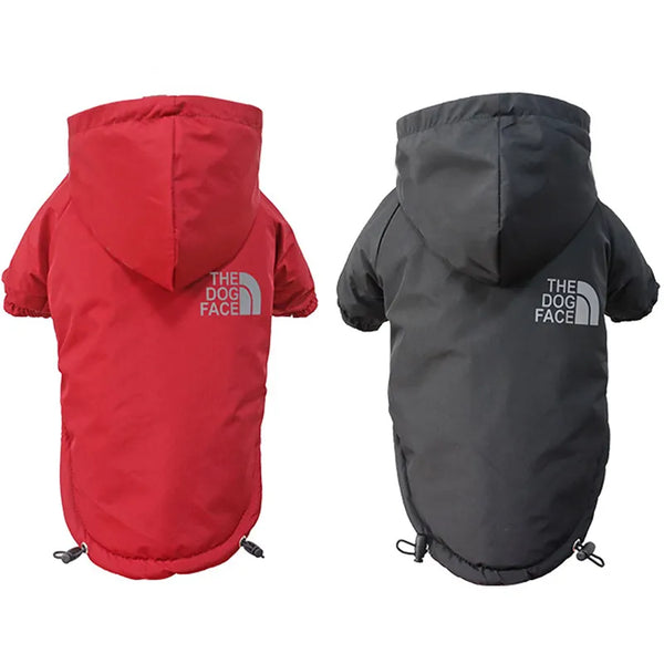 Pets-Shop Two dog jackets in red and gray, both with hoods and the logo "THE DOG FACE" on the back. Shopets-Amazon