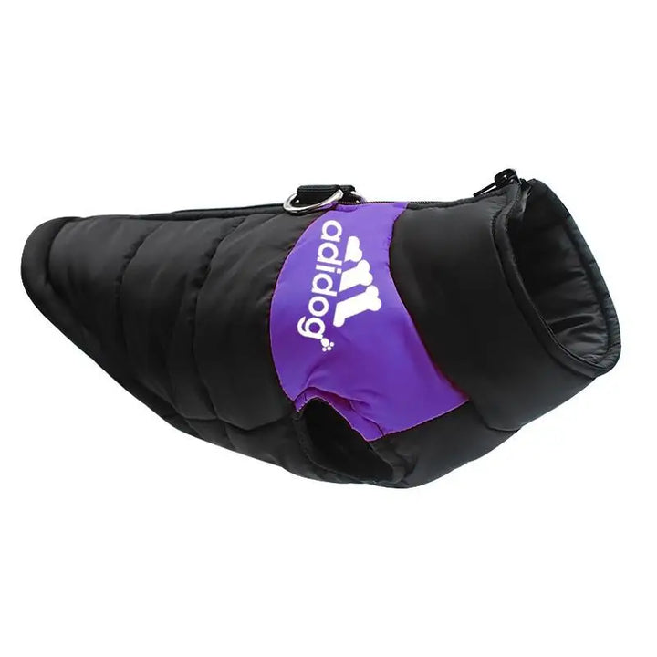 Pets-Shop. Black and purple padded dog jacket with a zipper and brand logo on the side. Shopets-Amazon.