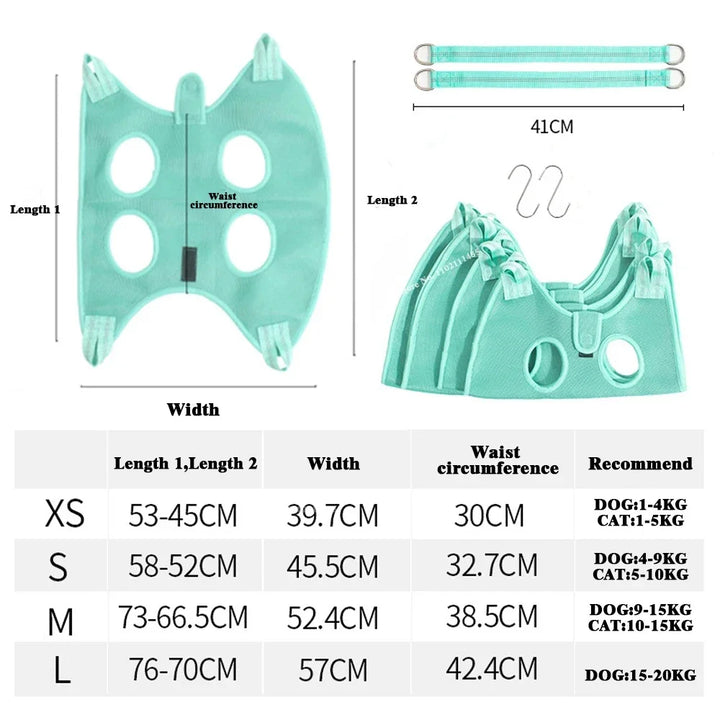 Pets-Shop. A chart of a green pet harness in different sizes with measurements and recommended pet weights. Shopets-Amazon.