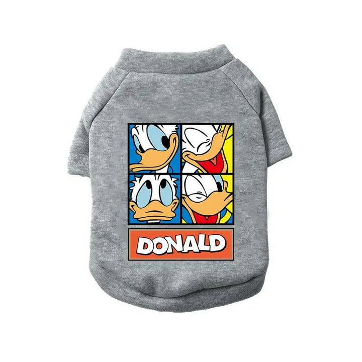 Pets-Shop Grey pet t-shirt with a colorful cartoon design of Donald Duck's various expressions Shopets-Amazon.