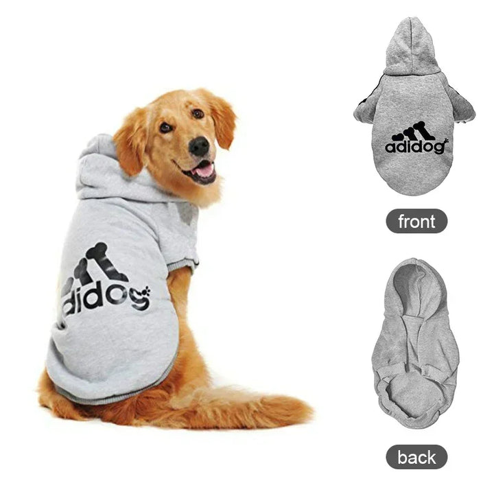 Pets-Shop. Golden Retriever wearing a grey "adidog" hoodie, with views from front and back of the hoodie. Shopets-Amazon.