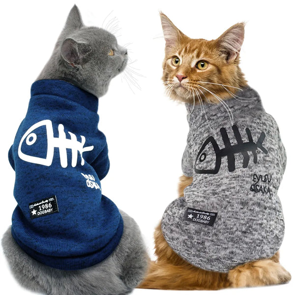 Pets-Shop Two cats wearing stylish fishbone motif sweaters in blue and grey Shopets-Amazon.