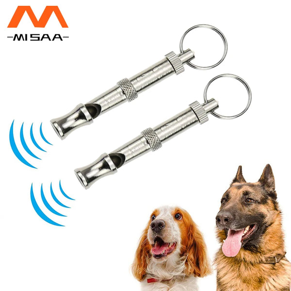 Pets-Shop. Two dog whistles with sound waves, and images of a happy Spaniel and a German Shepherd. Shopets-Amazon.