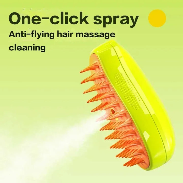 Pets-Shop: Bright green pet brush with one-click spray feature for anti-flying hair and massage, against lime background. Shopets-Amazon.