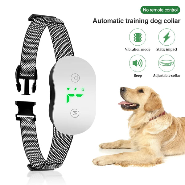 Pets-Shop: Dog wearing a vibration and static adjustable training collar, graphic detailing features, white background. Shopets-Amazon.