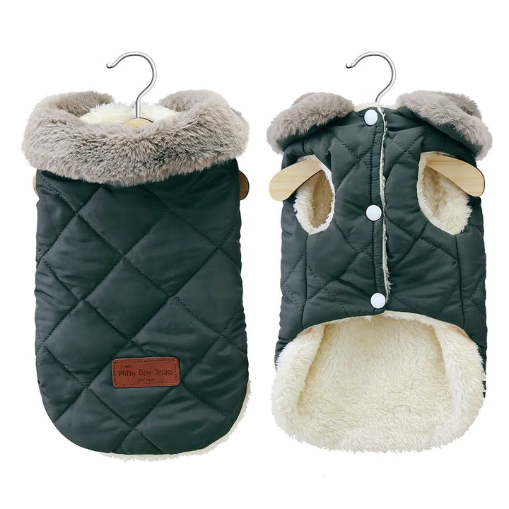 Pets-Shop. Two quilted dog jackets with fur collars; one displayed showing interior. Shopets-Amazon.