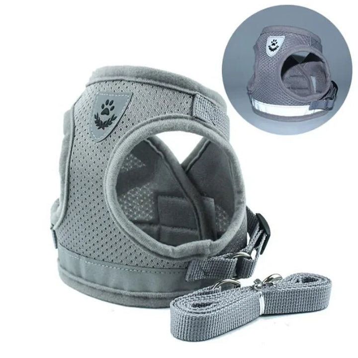 Pets-Shop: Gray breathable pet harness with leash, featuring reflective paw logo. Detail inset shows harness back. Shopets-Amazon.