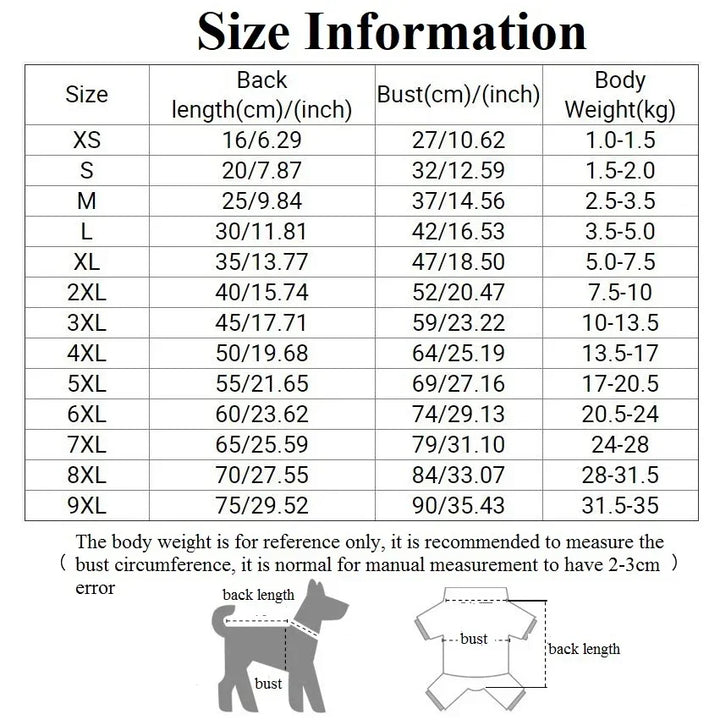 Pets-Shop. Size chart showcasing measurements for pet clothing in sizes XS to 8XL, inclusive of back length, bust, and weight, with diagrams for measurement guidance. Shopets-Amazon.