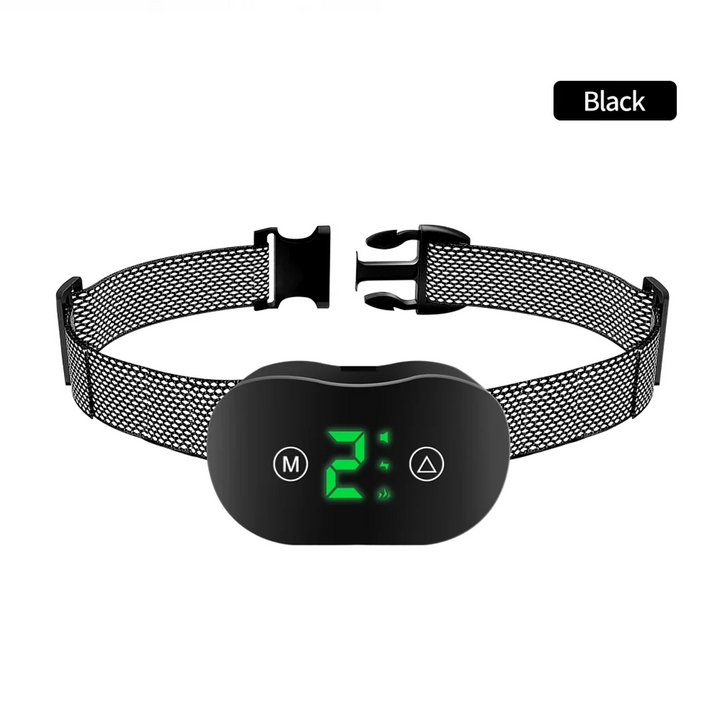 Pets-Shop Black LED collar displaying a green "2" on its digital screen, with a mesh strap and buckle closure. Shopets-Amazon.