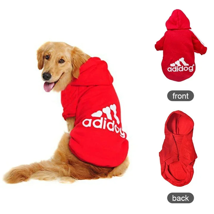 Pets-Shop Golden Retriever wearing a red hoodie with "adidog" logo, viewed from front and back. Shopets-Amazon.