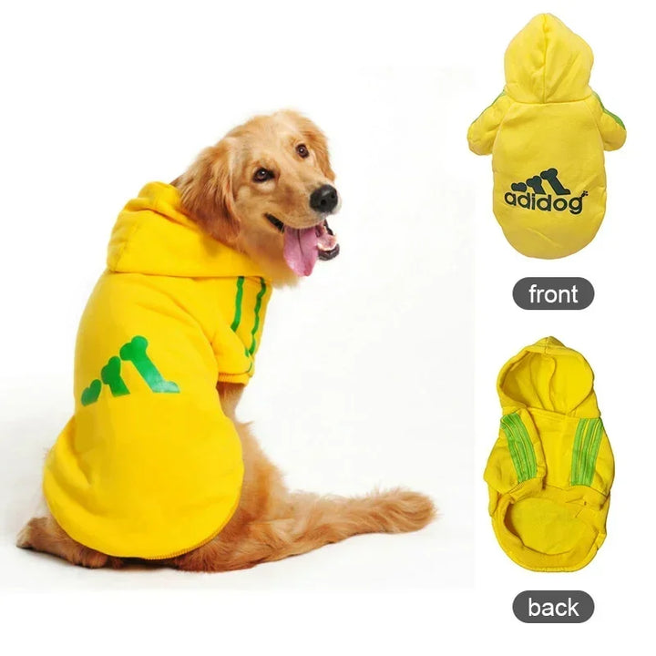 Pets-Shop. Golden Retriever dog wearing a yellow 'adidog' hoodie, looking back, plus front and back views of the hoodie. Shopets-Amazon.