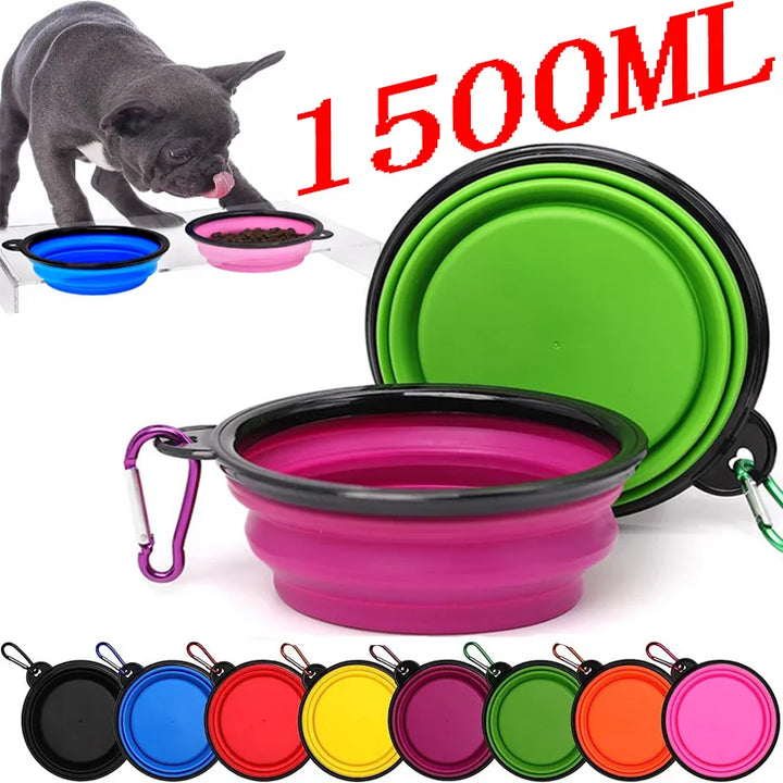 Pets-Shop: Collapsible dog bowls in various colors displayed with a French Bulldog eating from one. Shopets-Amazon.