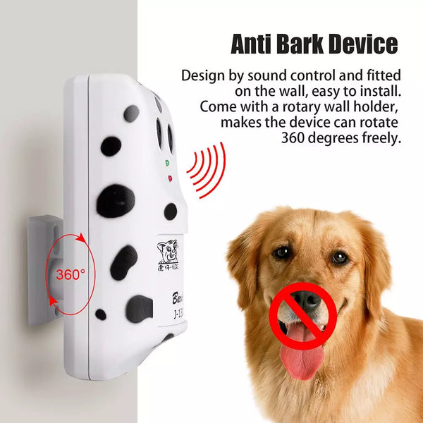 Pets-Shop Anti-bark device with rotary wall holder next to a dog with a red 'no' sign over its mouth, illustrating silence. Shopets-Amazon