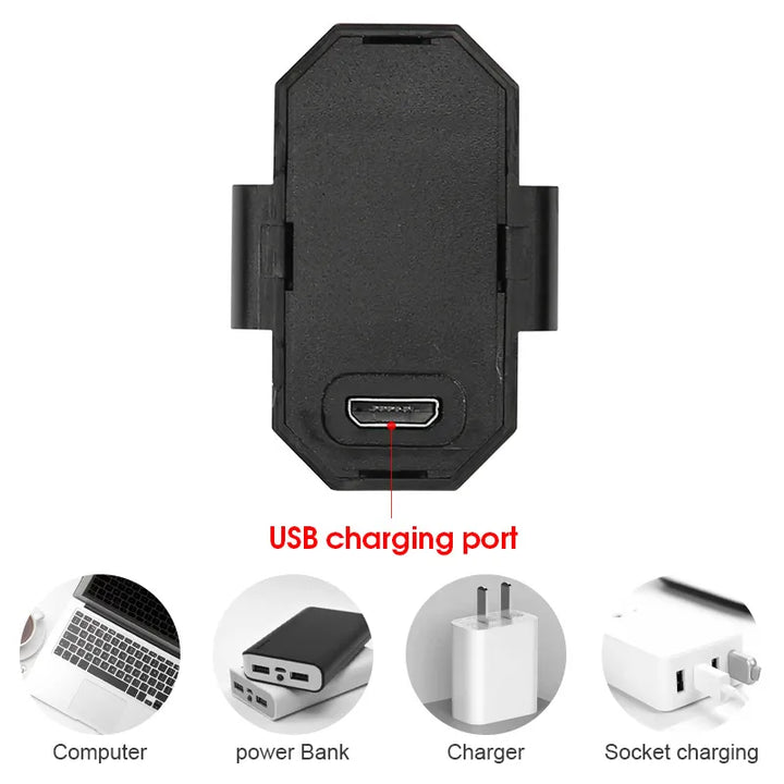 Pets-Shop. Black portable device with USB charging port labeled, surrounded by icons representing a computer, power bank, and socket charger. Shopets-Amazon.