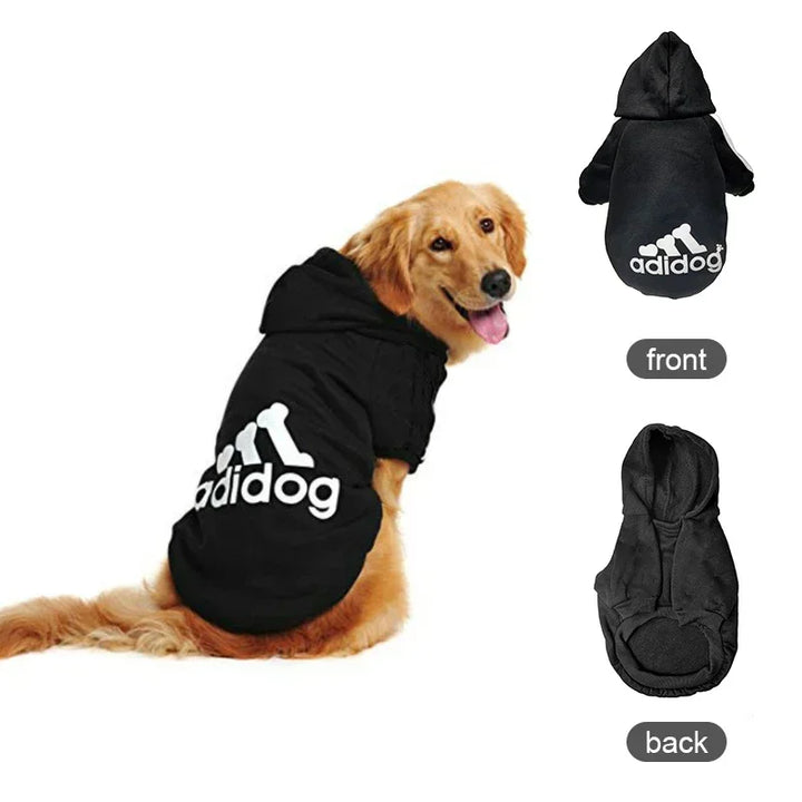 Pets-Shop: Golden Retriever wearing a black 'Adidog' hoodie, front and back views displayed. Shopets-Amazon.