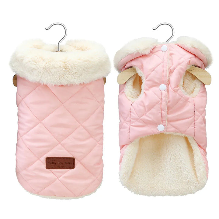 Pets-Shop Two pink quilted dog jackets with fleece collars and decorative buttons displayed on hangers. Shopets-Amazon.