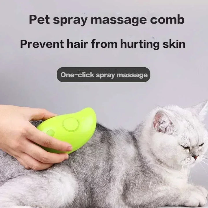 Pets-Shop. Hand holding a green pet spray massage comb on a grey cat laying down. Text: "Pet spray massage comb Prevent hair from hurting skin One-click spray massage". Shopets-Amazon.