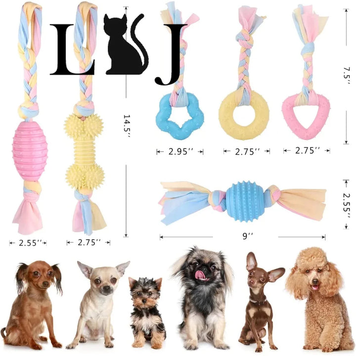 Pets-Shop. Assortment of dog toys and six various breeds of small dogs displayed. Shopets-Amazon.