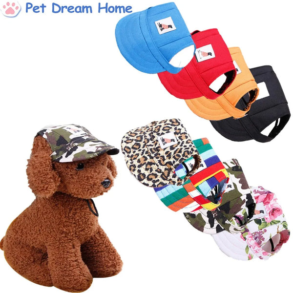 Pets-Shop. Assortment of colorful pet hats on display, with a brown plush dog modeling a camo cap. Shopets-Amazon.