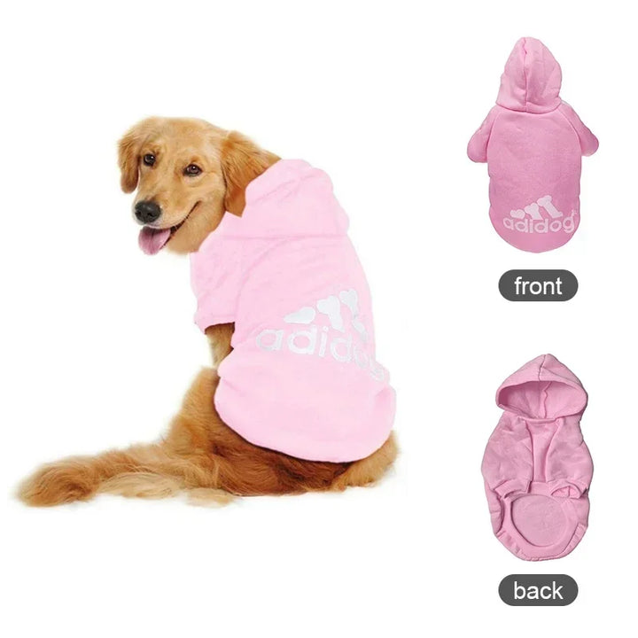 Pets-Shop: Golden Retriever wearing a pink hoodie with a spoof brand logo, viewed from front and back. Shopets-Amazon.