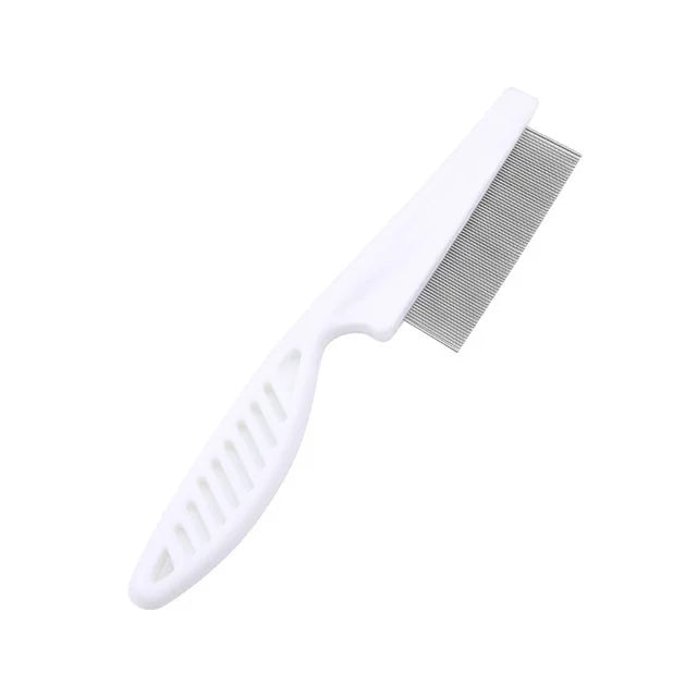 Pets-Shop White pet flea comb with a fine-toothed metal strip and plastic handle isolated on a white background. Shopets-Amazon