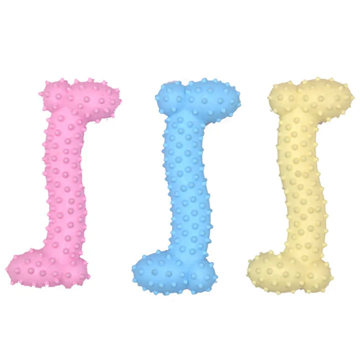 Pets-Shop. Three chew toys for dogs shaped like bones in pink, blue, and yellow colors. Shopets-Amazon.