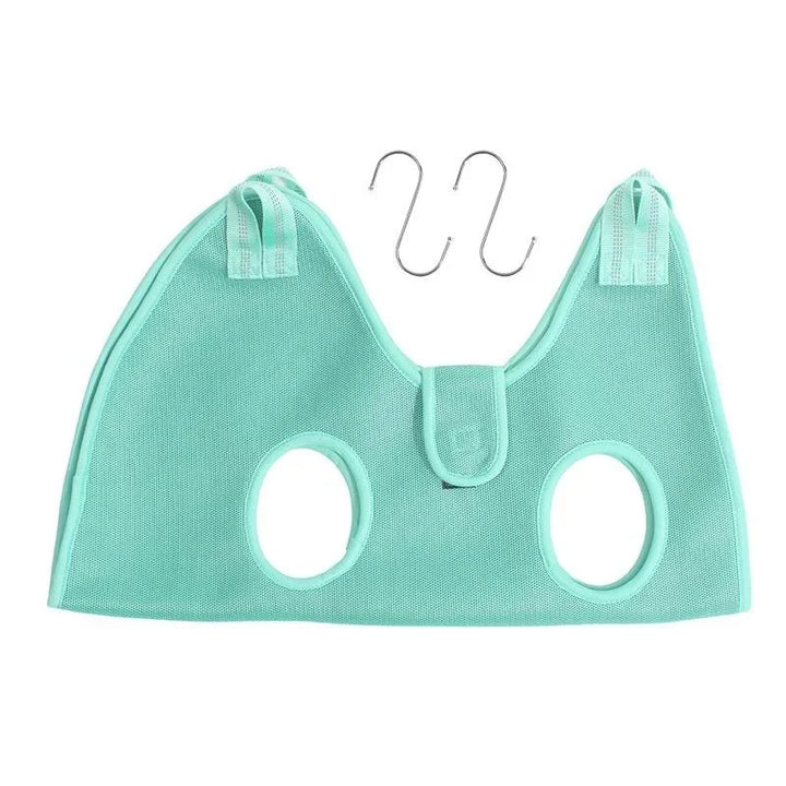 Pets-Shop. A mint green pet harness with a front button and two leg holes, accompanied by a metal leash attachment. Shopets-Amazon.