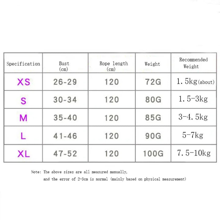 Pets-Shop. A size chart for pet harnesses with specifications for XS to XL sizes, including bust, rope length, weight, and recommended weight range. Shopets-Amazon.