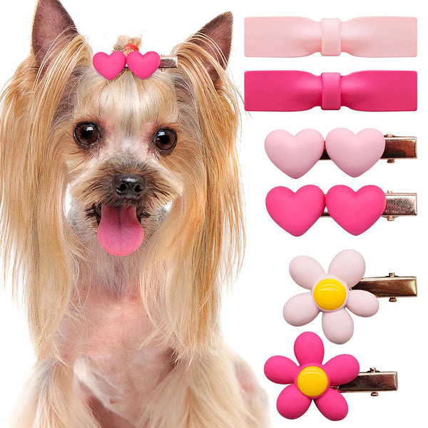 SHOPETS 2023 New Pet Dog Hair Clips - Pink Flower Heart Clip Bow for Small Dogs