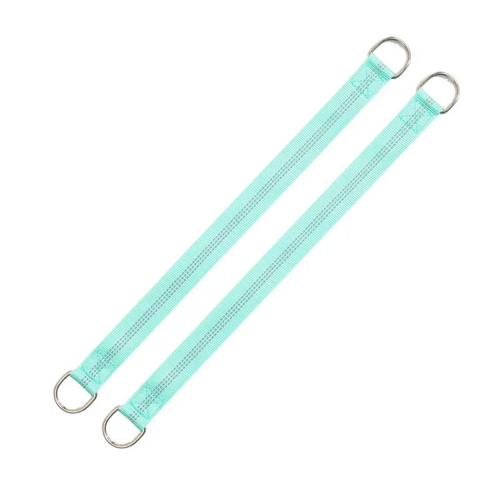 Pets-Shop. Two aqua blue pet collar straps with metal buckles on a white background. Shopets-Amazon.