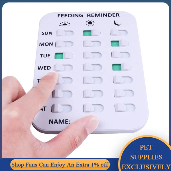 Pets-Shop. A finger pushes a slider on a pet feeding reminder with days of the week and meal indicators. Shopets-Amazon.