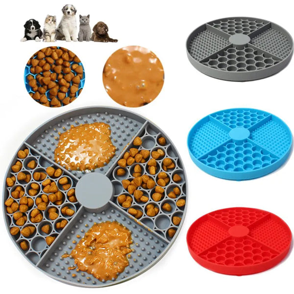 Pets-Shop. Various pet slow feeder bowls in different colors with insets showing food and pets using them. Shopets-Amazon.