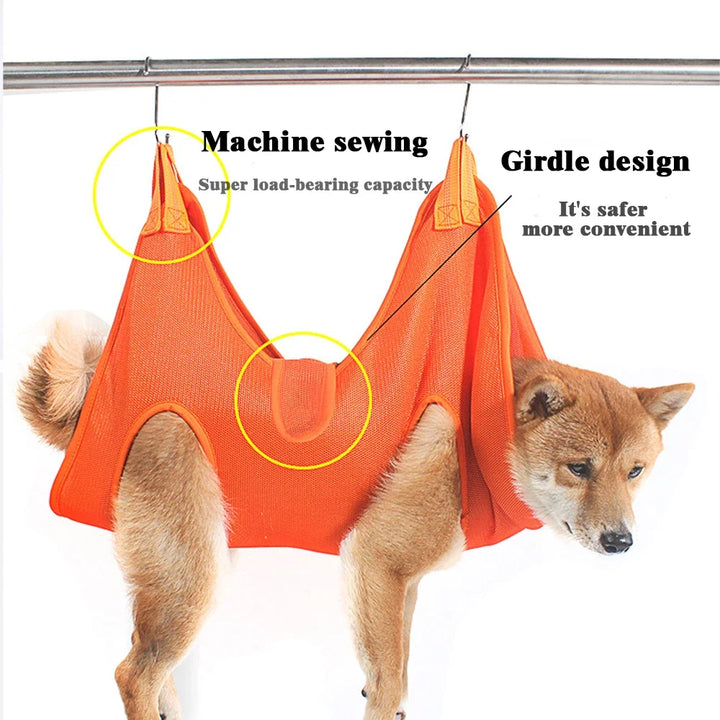 Pets-Shop: Dog in an orange pet carrier sling hanging from a pole, highlighting its load-bearing capacity and girdle design. Shopets-Amazon.