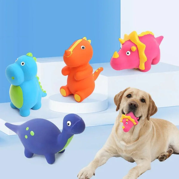 Pets-Shop - A dog holding a pink dinosaur toy surrounded by colorful dinosaur toys on a blue background. Shopets-Amazon.