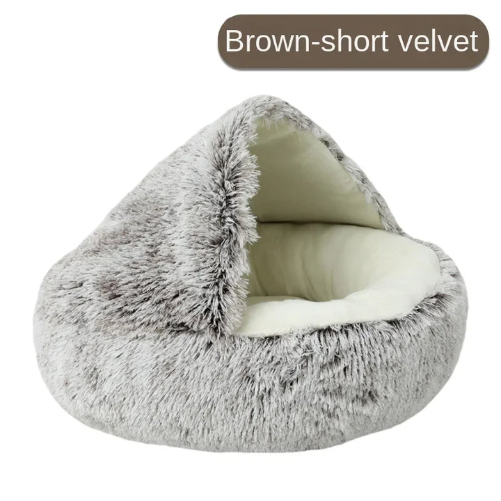 Pets-Shop Cozy brown short velvet pet bed with plush interior for cats or small dogs. Shopets-Amazon.