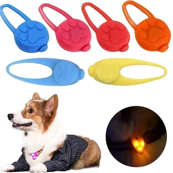 Pets-Shop. Assorted colorful silicone dog paw cleaners and a glowing LED pendant on a corgi's collar, with an image showing the light in darkness. Shopets-Amazon.