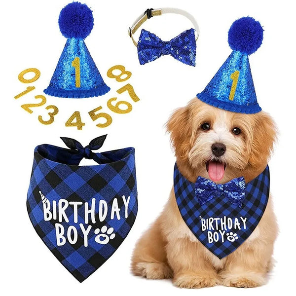 SHOPETS Pet Party Decoration Set: Triangle Scarf, Hat, and Bow Tie Birthday Set for Dogs and Cats