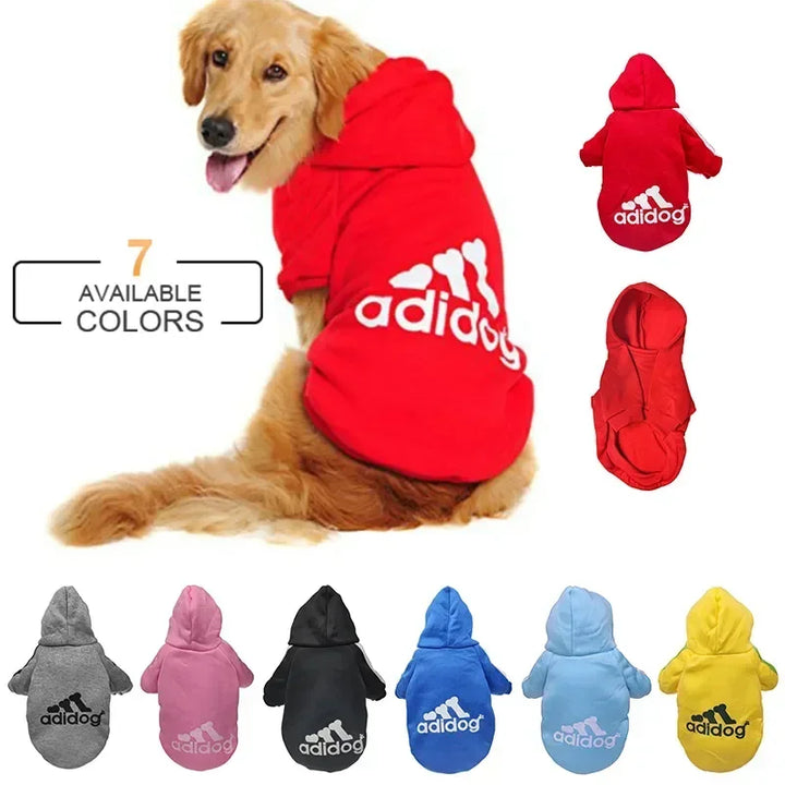 Pets-Shop: Dog wearing a red 'adidog' hoodie, with other hoodies in gray, pink, navy, sky blue, and yellow. Shopets-Amazon.